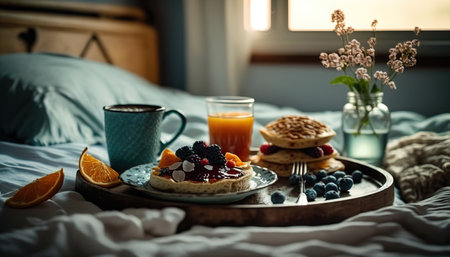Cozy morning breakfast in bed on a tray. Orange juice, fruits and other tasty food. indoor horizontal background. AI generative image.の素材