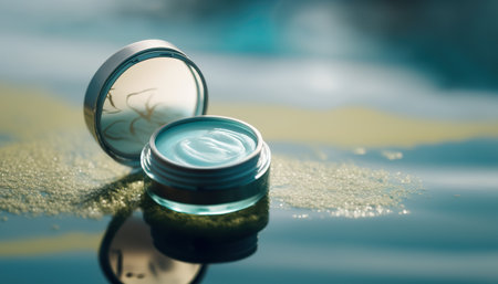 Glass cosmetic jar with skin care moisturizer cream on spring pond water background, mockup for eco beauty product. Horizontal outdoor background. AI generative image.の素材