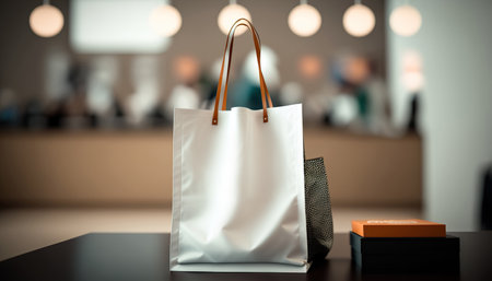 Close up shopping bag mockup with blurred store interior indoor horizontal background. Sale time concept. AI generative image.の素材