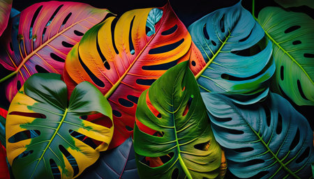 Tropic bright vibrant multicolor exotic tropical monstera leaves pattern. splash screen horizontal wallpaper. AI generative image.の素材