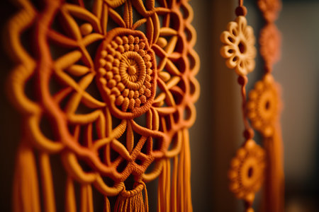 Close up illustration of beautiful hand made macrame, popular knitting hobby. Decorative element, indoor horizontal background with copy space. AI generative image.の素材