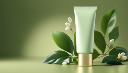 Organic cosmetic beauty cream product with green leaves and white flowers. Eco body care moisturizer on abstract horizontal background with copy space. AI generative image.の素材