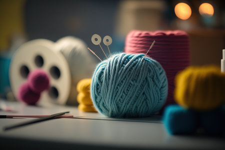 illustration of different woolen balls. Knitting hobby concept. Horizontal cozy indoor background. AI generative image.の素材