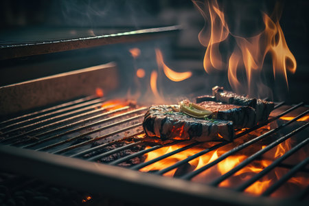 Preparing process of tasty juicy meat on grill fire, roasted grilled food illustration, cooking. indoor horizontal background. AI generative image.の素材