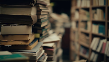 Library interior full of different books and magazines. messy composition. indoor horizontal background. AI generative image.の素材