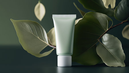 Beauty skincare cream in empty clean tube mockup on green leaves background, organic cosmetic product. Horizontal background with copy space. advertising poster. AI generative image.の素材