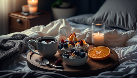 Morning breakfast in bed. Cup of coffee, oatmeal porridge with fresh berries, orange slices and honey on tray.の素材