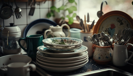 Kitchen sink with dirty dishes, pile of unclean utensils, household chores illustration, indoor horizontal background. AI generative image.の素材