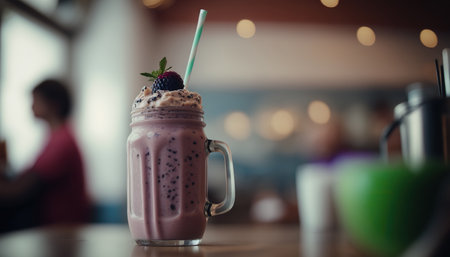 Clothe up tasty fresh smoothie on blurred cafe interior horizontal background. Healthy delicious beverage. organic food. AI generative image.の素材