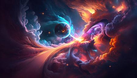 Abstract space core fantasy background with planet and glowing sky horizontal background. AI generative image.の素材