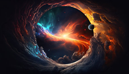 Abstract space core fantasy background with planet and glowing sky horizontal background. AI generative image.の素材