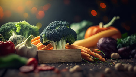 Different vegetables with wooden empty name plate, healthy food horizontal background with copy space. AI generative image.の素材