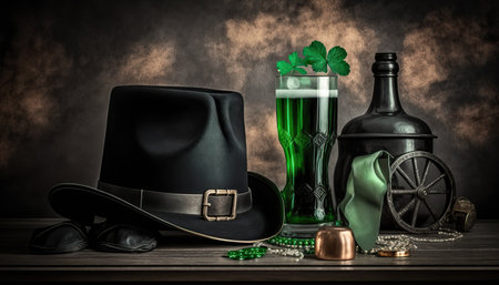 St. Patric's day greeting banner with green beer, clover and hat. horizontal indoor background. AI generative image.の素材