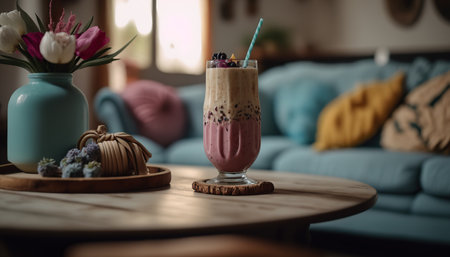 Delicious close up fruit smoothie on cozy indoor background with plant and blurred sofa, healthy and tasty food concept. milkshake. AI generative image.の素材