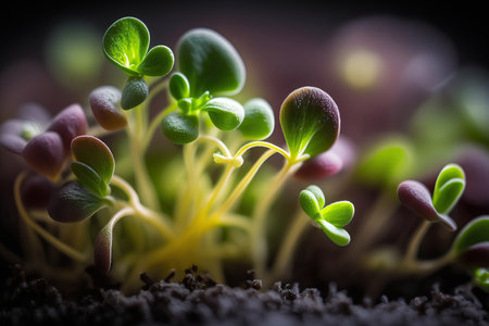 Beautiful young close up microgreen. Horizontal banner with fresh organic food healthy concept. AI generative image.の素材