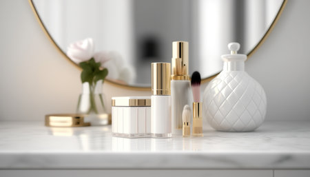 Beautiful luxury bright bathroom table with decorative and body care cosmetic products, flowers and mirror. indoor horizontal background. AI generative image.の素材