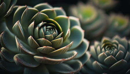 Beautiful abstract nature horizontal background with close up succulent plant. AI generative image.の素材