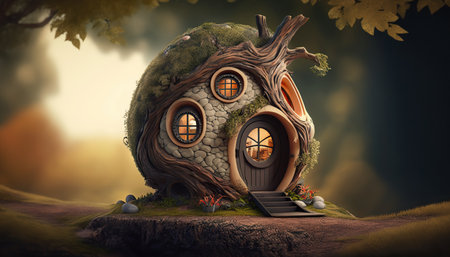 Digital illustration of fantasy fairy tale little cute round house. horizontal format. AI generative image.の素材