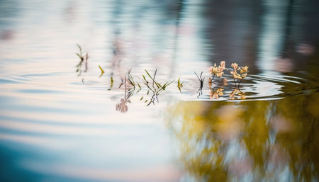 Abstract beautiful close up spring pond water. Splash screen or nature outdoor horizontal background with copy space. AI generative image.の素材