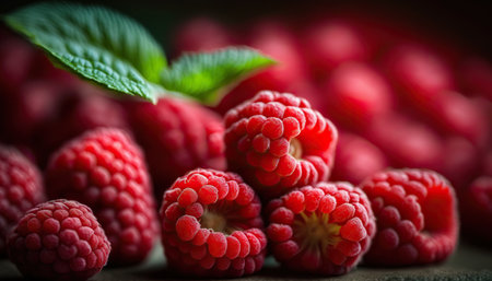 Close up ripe fresh tasty red raspberry berries with leaves. Organic healthy food concept. horizontal format. AI generative image.の素材
