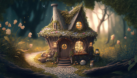 Digital illustration of fantasy fairy tale little cute house. horizontal format. AI generative image.の素材
