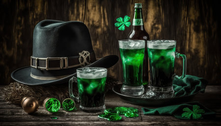 St. Patric's day greeting banner with green beer, clover and hat. horizontal indoor background. AI generative image.の素材