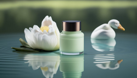 Beauty product cosmetic mockup on beautiful abstract spring nature pond with springtime plants and clean water. horizontal outdoor background. AI generative image.の素材