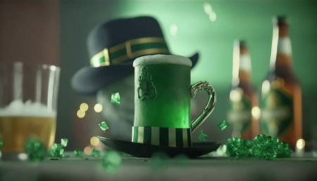 St. Patric's day greeting banner with green beer, clover and hat. horizontal indoor background. AI generative image.の素材