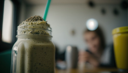 Photo pour Clothe up tasty fresh smoothie on blurred cafe interior horizontal background. Healthy delicious beverage. organic food. AI generative image. - image libre de droit