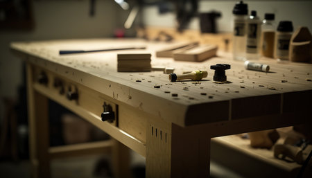 Empty wooden table at the carpentry workshop, work place horizontal background. AI generative image.の素材
