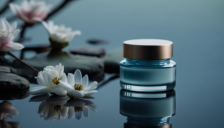 Beauty product cosmetic mockup on beautiful abstract spring nature pond with springtime plants and clean water. horizontal outdoor background. AI generative image.の素材