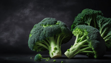 Close up fresh tasty green broccoli. Healthy vegetable food. AI generative image.の素材