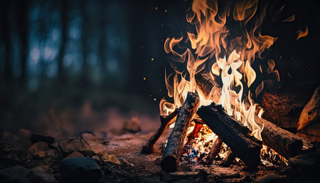 Close up campfire with bright flame. outdoor horizontal background. AI generative image.の素材
