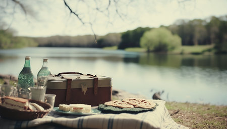 Retro style picnic by the spring lake. outdoor nature horizontal background. AI generative image.の素材