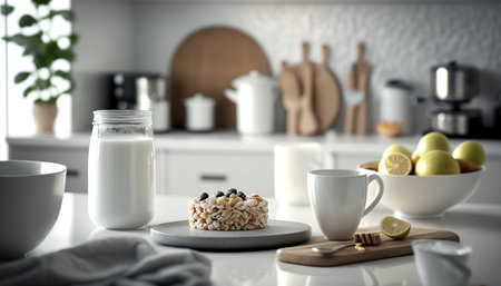 Comfortable spacious modern kitchen. white colors. Breakfast time sunlight indoor horizontal background. Cozy interior. AI generative image.の素材