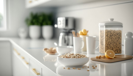 Comfortable spacious modern kitchen. white colors. Breakfast time sunlight indoor horizontal background. Cozy interior. AI generative image.の素材