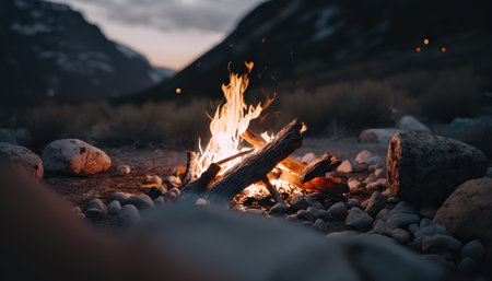Close up campfire with bright flame. Stunning scenery mountains landscape. outdoor horizontal background. AI generative image.の素材