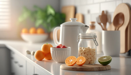 Breakfast time in spacious modern kitchen with furniture and healthy food. Cozy indoor interior background. AI generative image.の素材