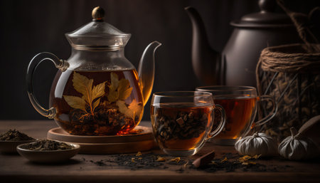 Close up hot tasty black tea, traditional breakfast drink. Dark indoor horizontal background. AI generative image.の素材