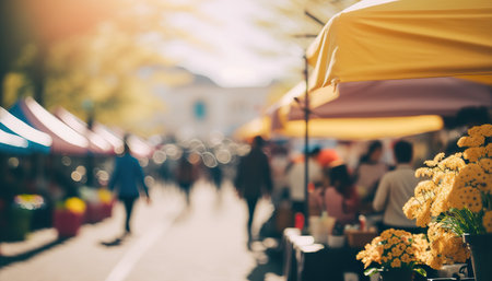Abstract springtime street fair blurred horizontal background, outdoor backdrop with copy space. AI generative image.の素材