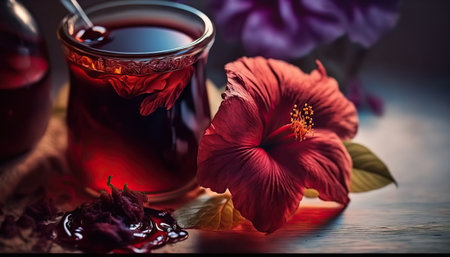 Red hibiscus hot herbal tea with flowers on background. horizontal background. AI generative image.の素材