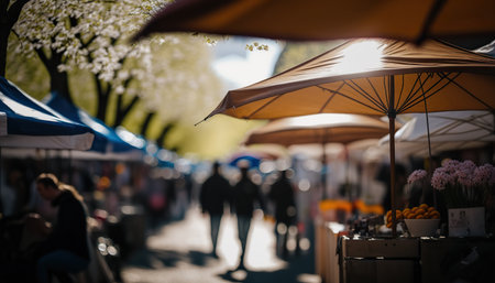 Abstract street fair blurred horizontal background, outdoor backdrop with copy space. AI generative image.の素材