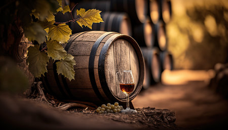 Barrel of wine with wineglass, abstract winery concept background. AI generative image.の素材