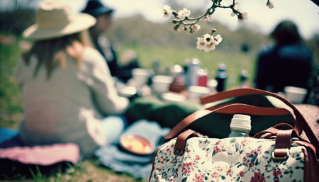 Springtime picnic illustration with blurred people on the backdrop. Outdoor spring nature horizontal background. AI generative image.の素材