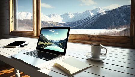 Comfortable workplace with laptop computer, cup of beverage and window with beautiful mountain landscape. indoor horizontal background. AI generative image.の素材