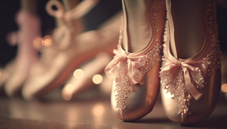 Close up pointe shoes for professional ballet dancing. AI generative image.の素材