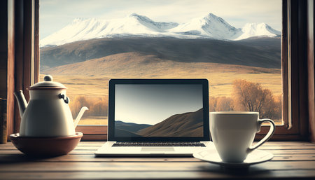 Window with beautiful view on mountains and desk with laptop computer and cup of coffee or tea. Freelancing job concept. indoor background. AI generative image.の素材