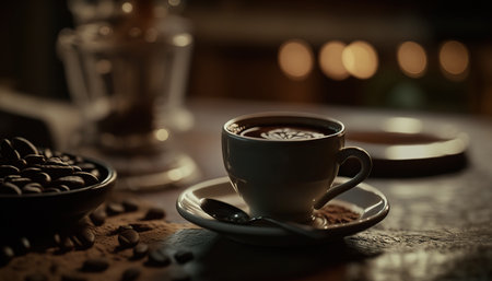 Cup of black aroma coffee with dark indoor cafe horizontal background. AI generative image.の素材