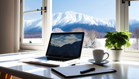 Window with beautiful view on mountains and desk with laptop computer and cup of coffee or tea. Freelancing job concept. indoor background. AI generative image.の素材