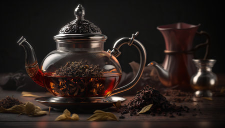 Close up hot tasty black tea, traditional breakfast drink. Dark indoor horizontal background. AI generative image.の素材